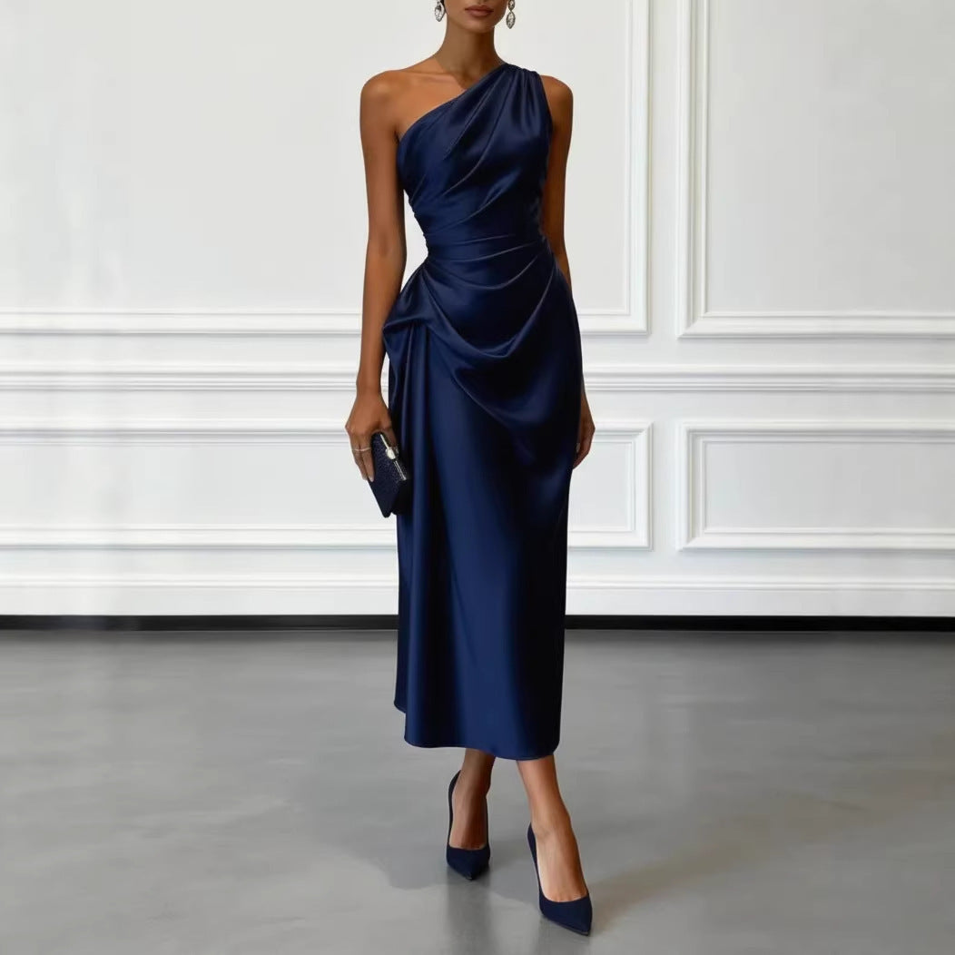 Women's Outer High-grade Satin Pleated Waist Tight Shoulder Dress