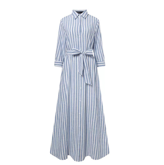 Collar Temperament Cotton Linen Stripes Bohemian Three-quarter Dresses