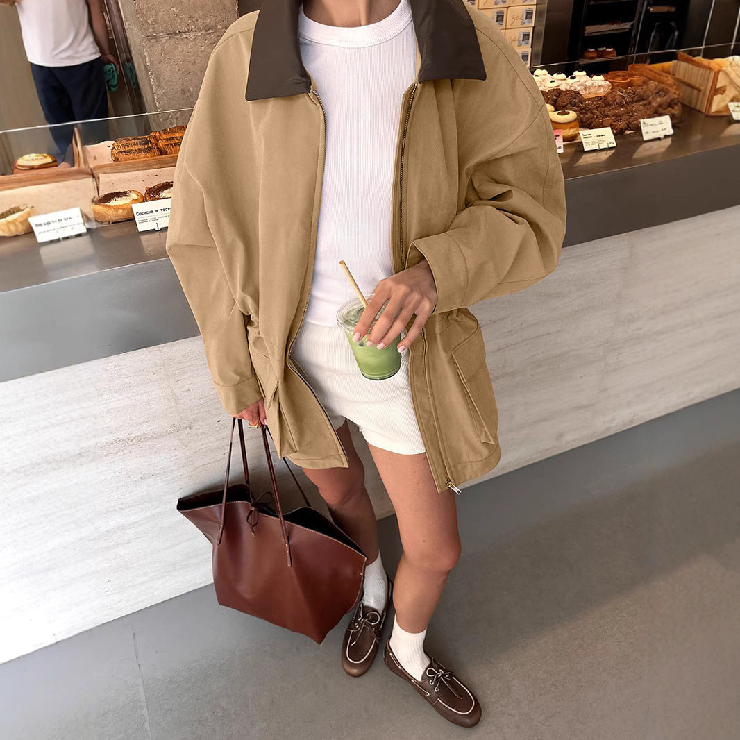 Women's Khaki Stitching Leather Loose Trench Fashion Coats