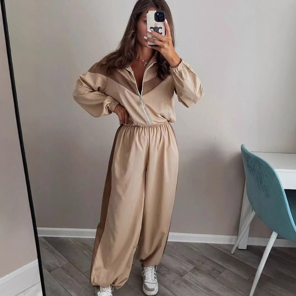 Women's Long Sleeve Contrast Color Sport Trousers Suits