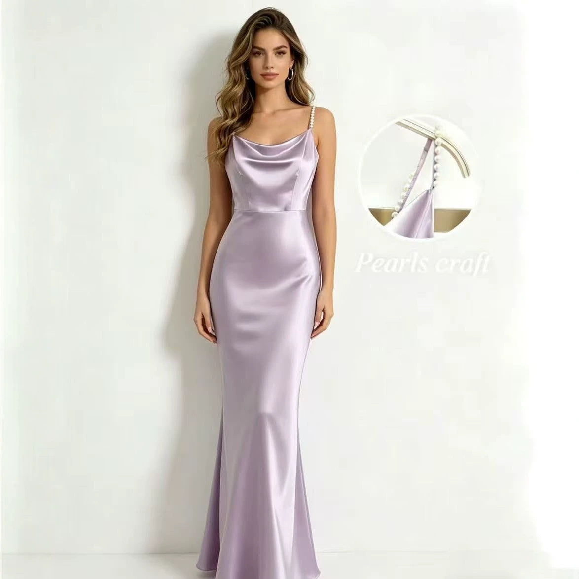 Satin Handmade Pearl Spaghetti Strap Slimming Fishtail Dress