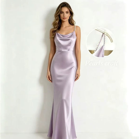 Satin Handmade Pearl Spaghetti Strap Slimming Fishtail Dress