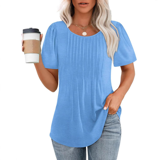 Women's Loose Pleated Round Neck Sleeve T-shirt Stripes Blouses