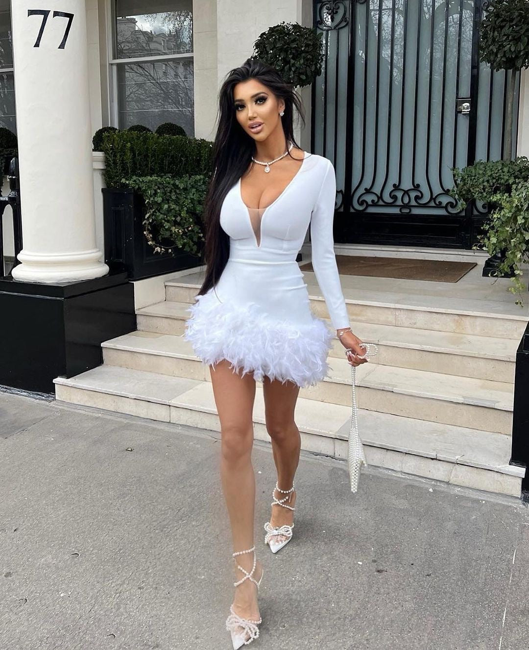 Black White Long Sleeve Feather Sexy Bandage Dresses