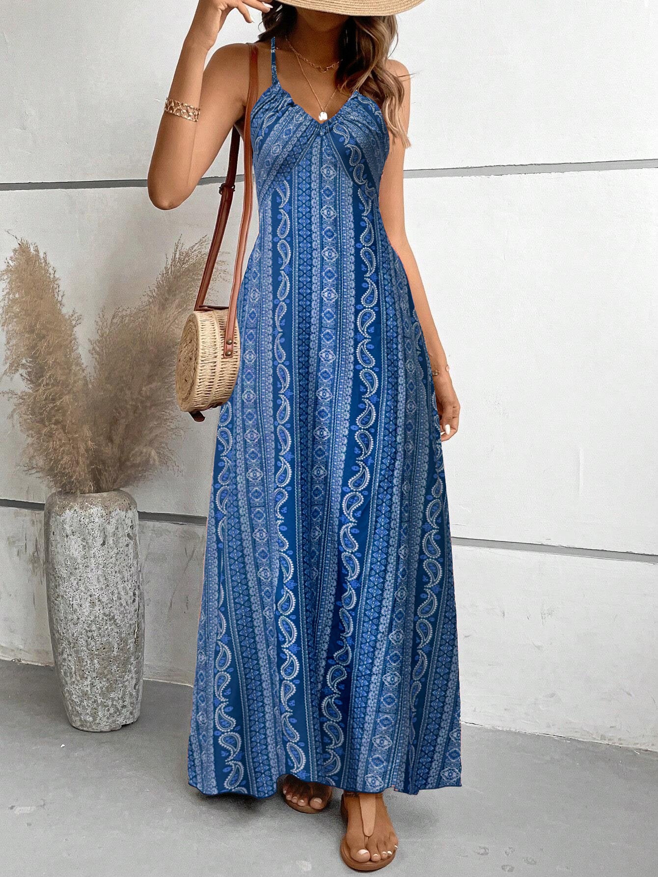 Women's Suspenders Printed Beach Slit High Waist Dress