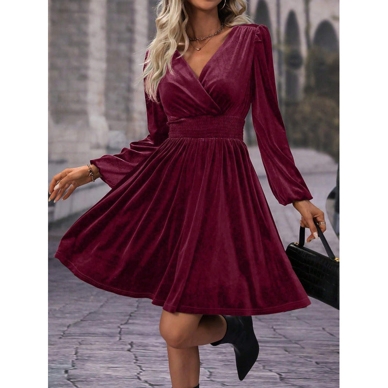 Versatile Veet Solid Color Long Sleeve Dress