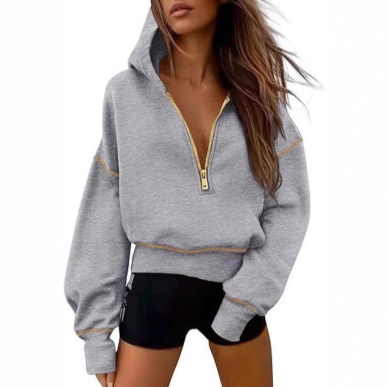 Women's Half Zipper Ladies Hooded Long-sleeved Fashion Women's Sweater, Sweater