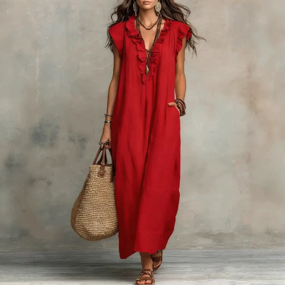 Women's Solid Color Bohemian Flying Sleeves Vacation Dress