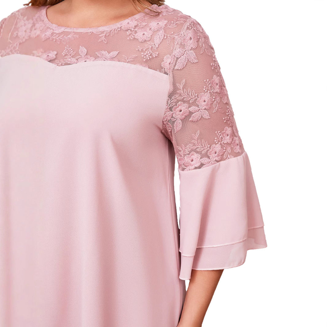 Women's Fashion Embroidery Stitching Dress Solid Color Dresses