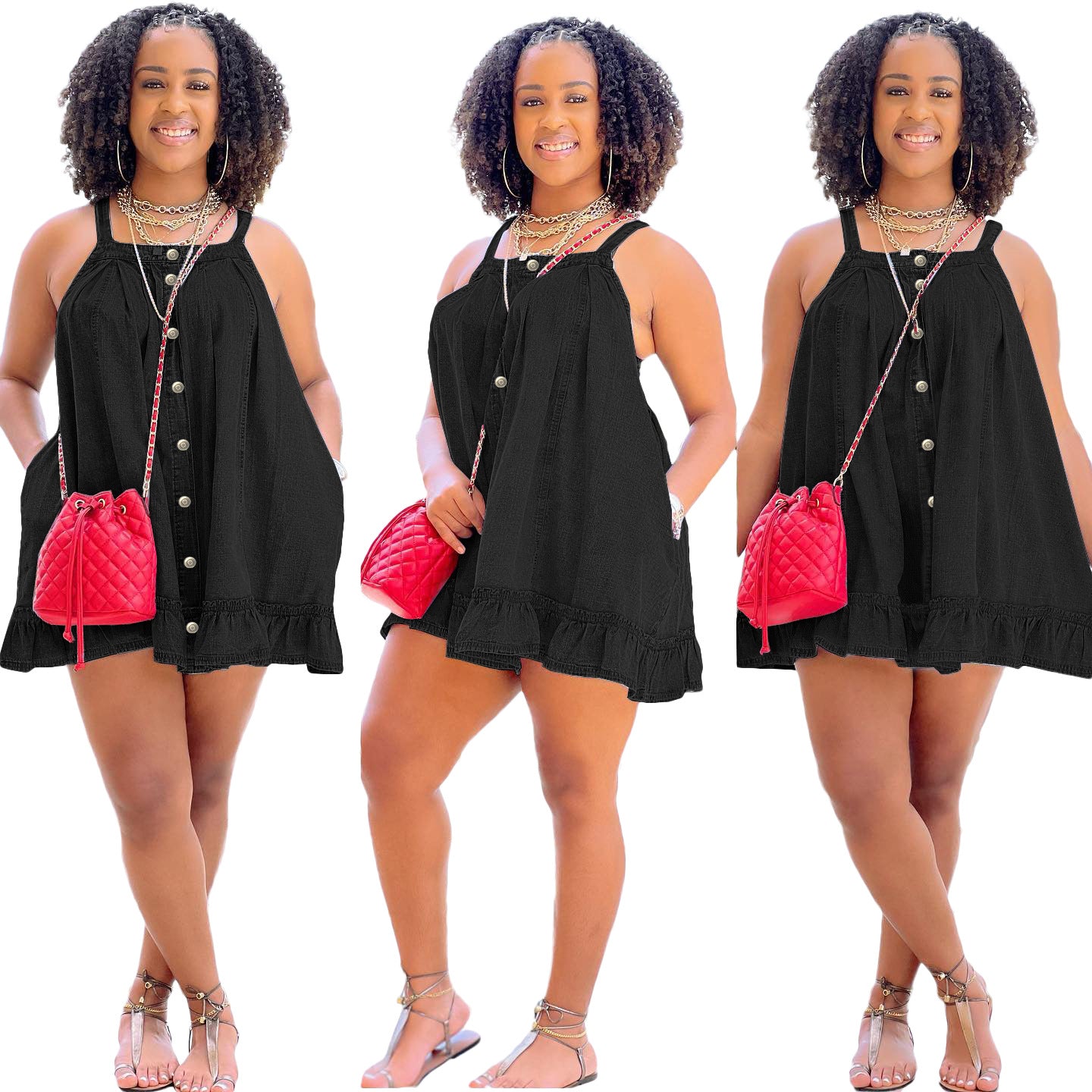 Women's Color Suspender Button Pocket Loose Washed-out Dresses