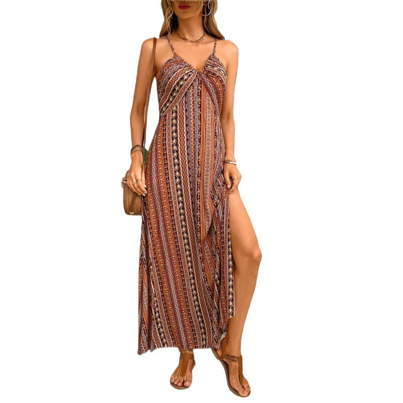 Women's Suspenders Printed Beach Slit High Waist Dress