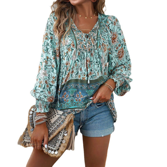 Women's Bohemian Vacation Style Rayon Printed Long Tops