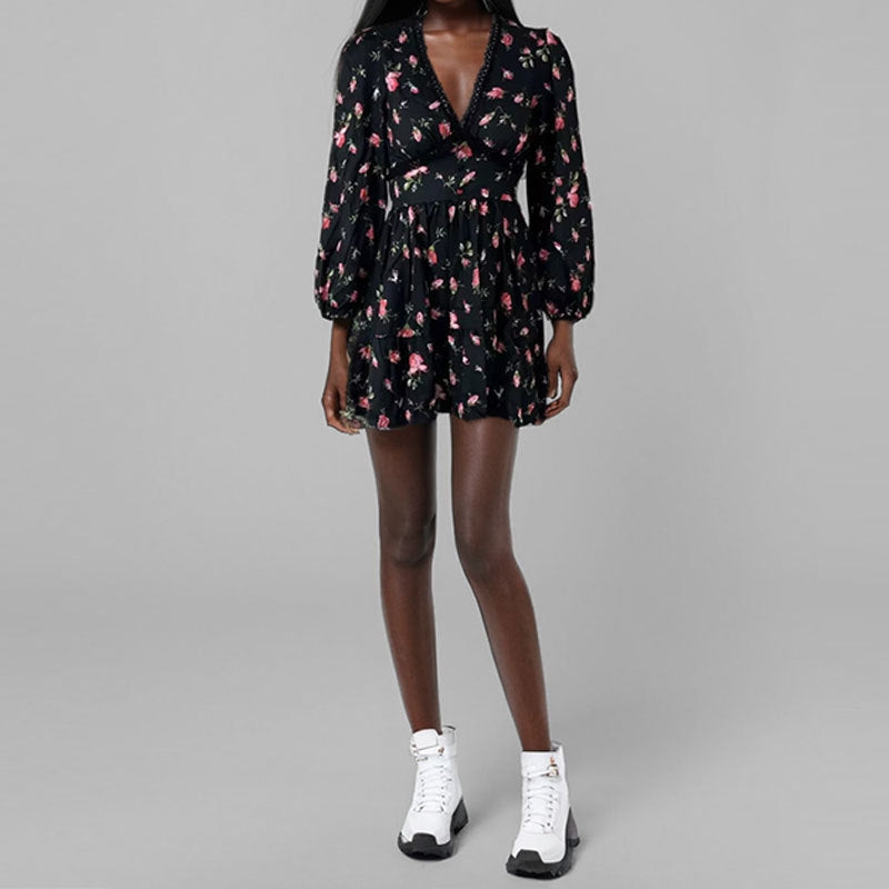 Women's Spring Sweet Printed Lace Long Sleeve Dresses