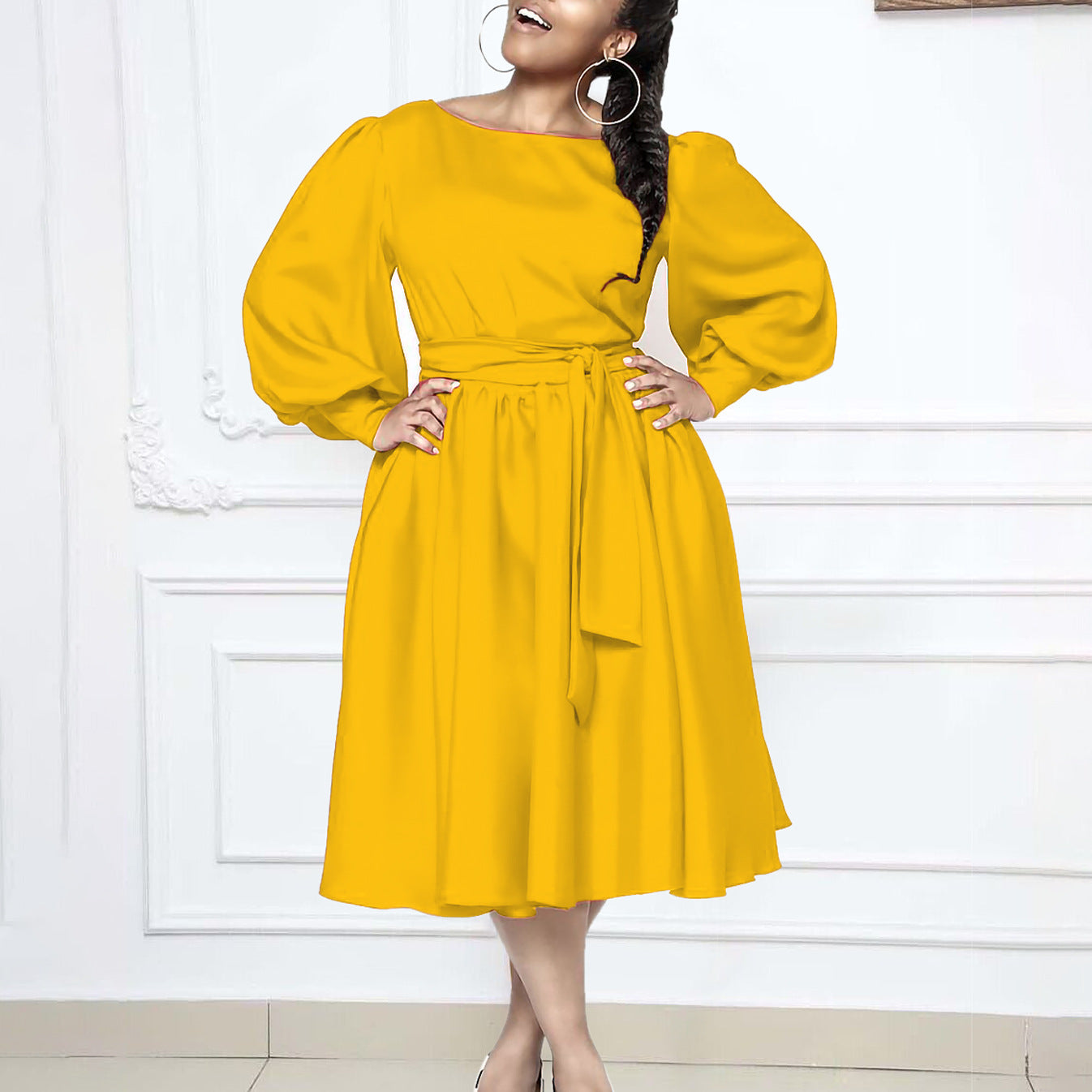 Women's Spring Long-sleeved Round Neck Solid Color A- Dress