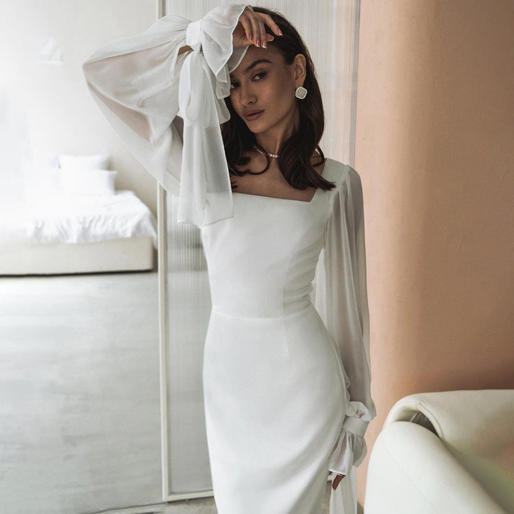 Square Collar Stitching Mesh Micro Transparent Dresses