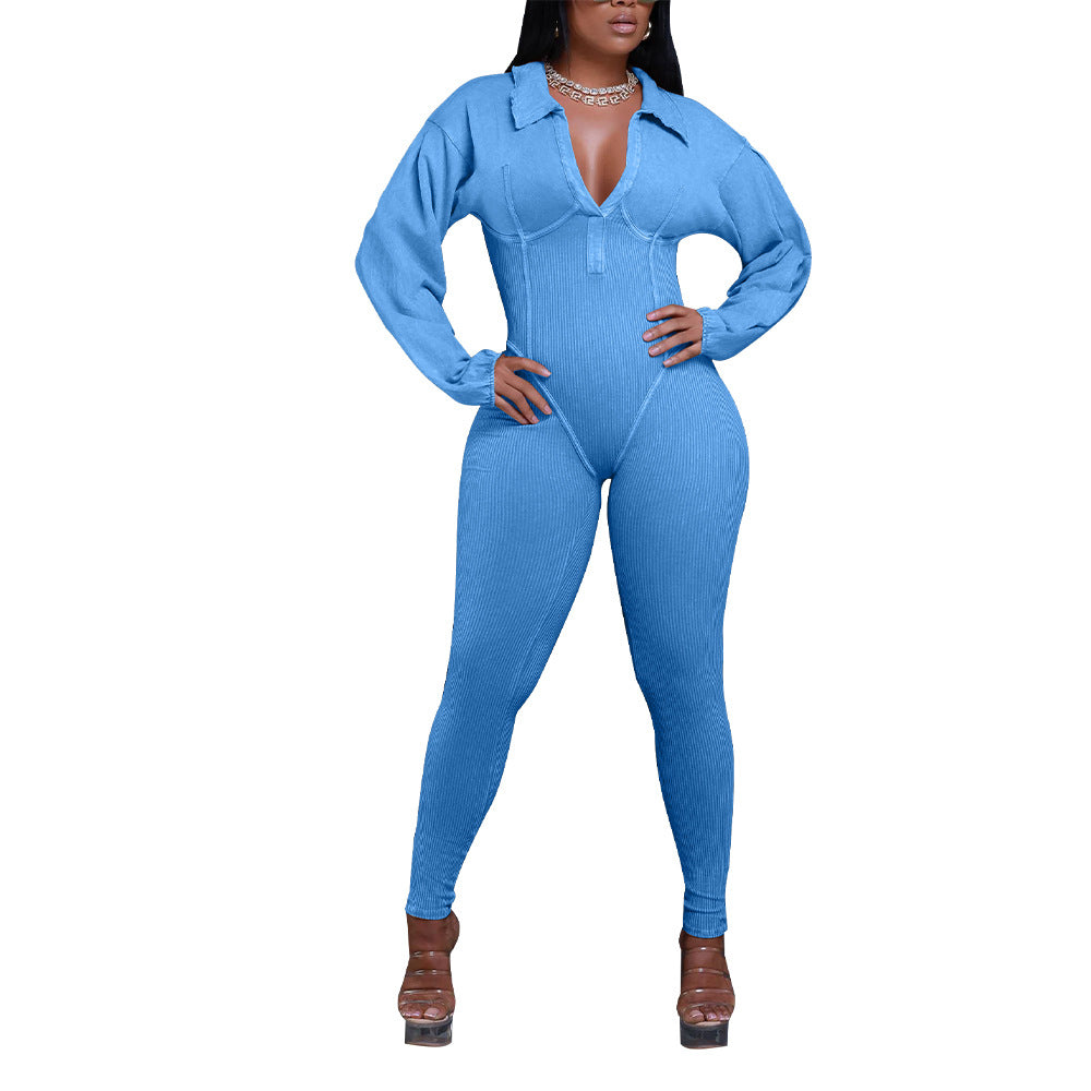 Women's Pretty Gigot Sleeve Tight Stitching Jumpsuits