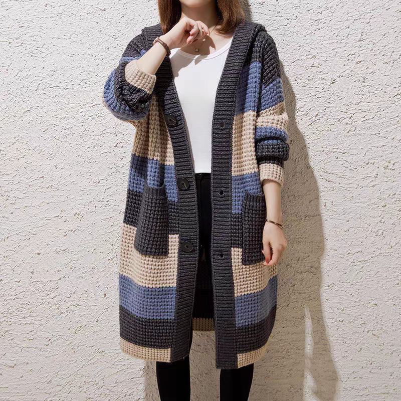 Women's Idle Style Loose Coarse Yarn Mid-length Hooded Thick Needle Knitted Women's Sweater