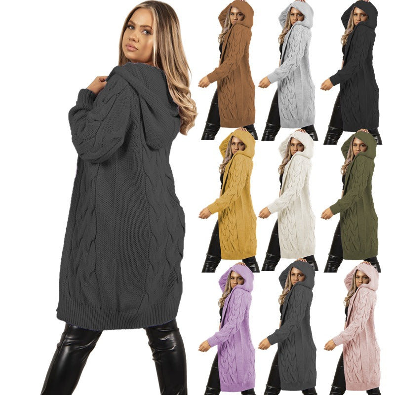 Women's Twist Braid Idle Style Hooded Mid-length Women's Sweater