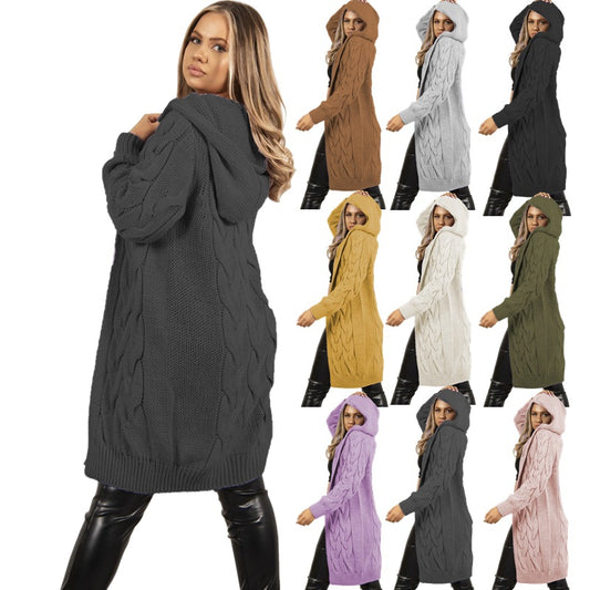 Women's Twist Braid Idle Style Hooded Mid-length Women's Sweater