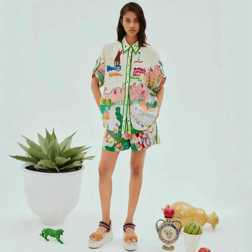 Classic Elegant Printed Linen Leisure Shirt Fashion Casual Suit