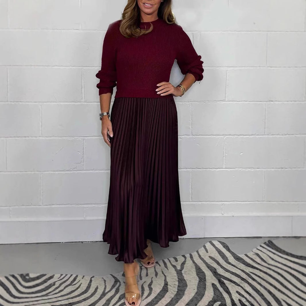 Women's Solid Color Knitted Long-sleeved Pullover Stitching Dresses