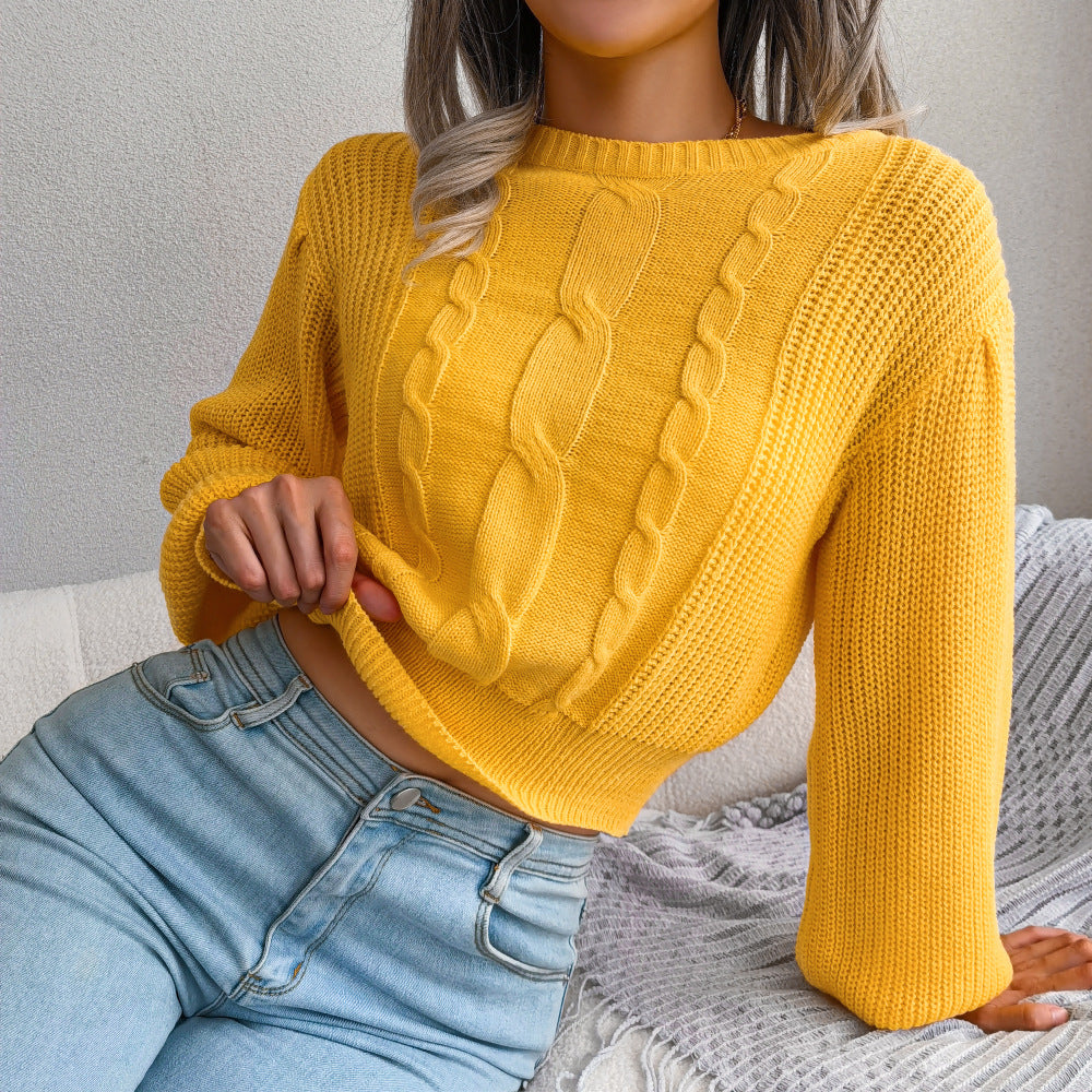 Women's Wind Casual Twist Lantern Sleeve Waist Trimming Sweater