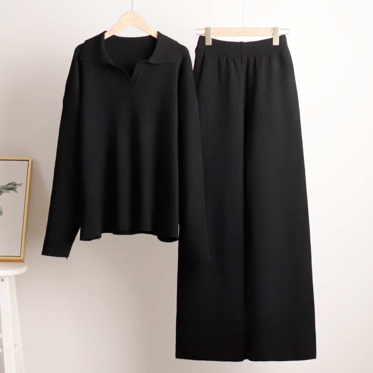 Collar Knitted Pullover Wide Leg Trousers Suits