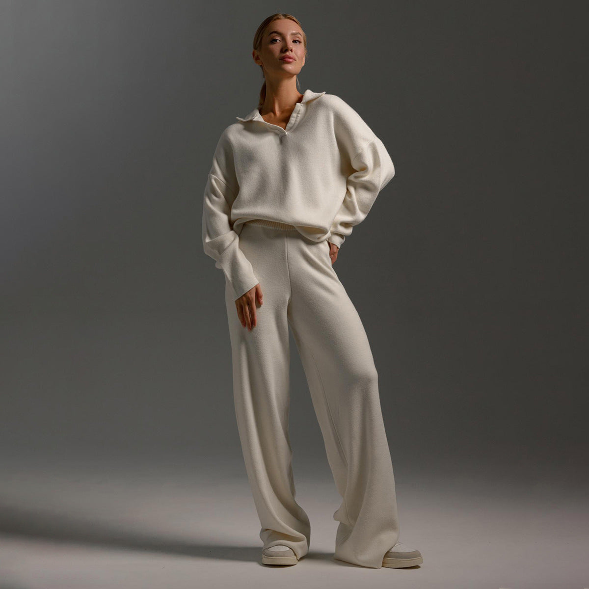 Collar Knitted Pullover Wide Leg Trousers Suits