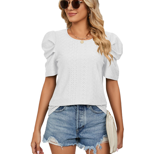 Solid Color Round Neck Pleated Loose-fitting Tops