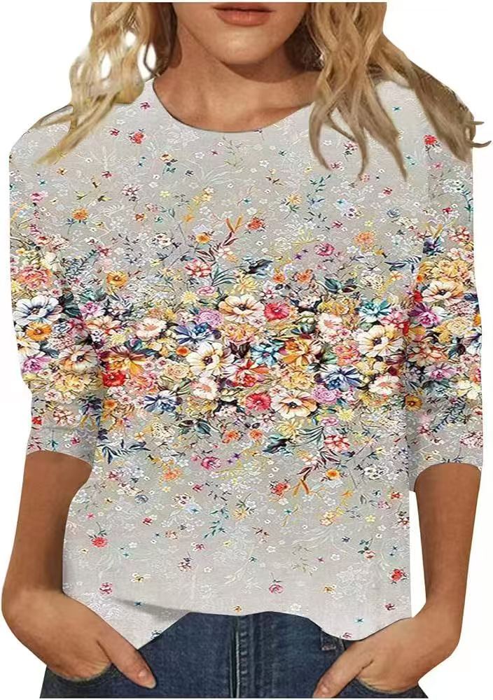 Women's Printed Sleeves Loose Crew Neck Casual Blouses