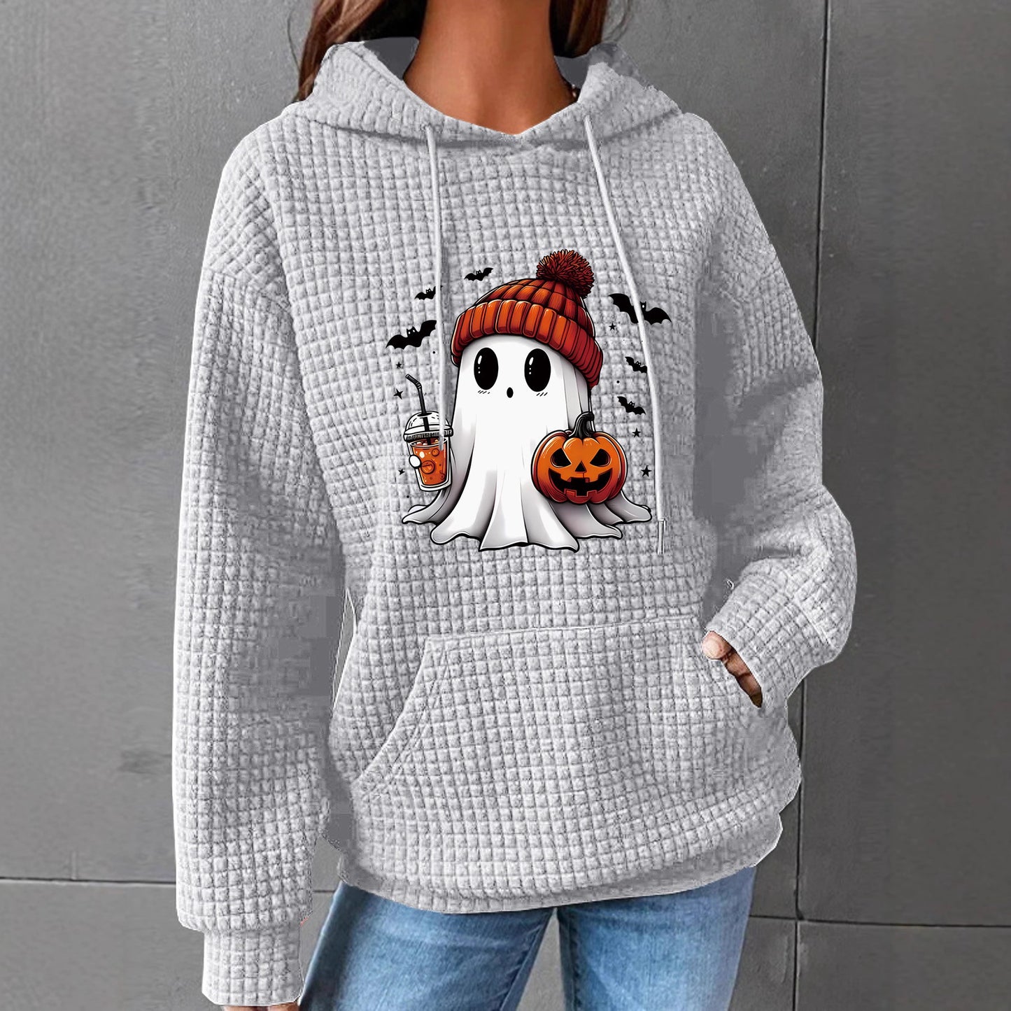 Women's Waffle Long Sleeve Pullover Halloween Printed Tops