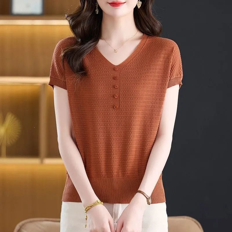 Women's Silk Sleeve Summer Solid Color Knitted T-shirt Thin Women's Sweater