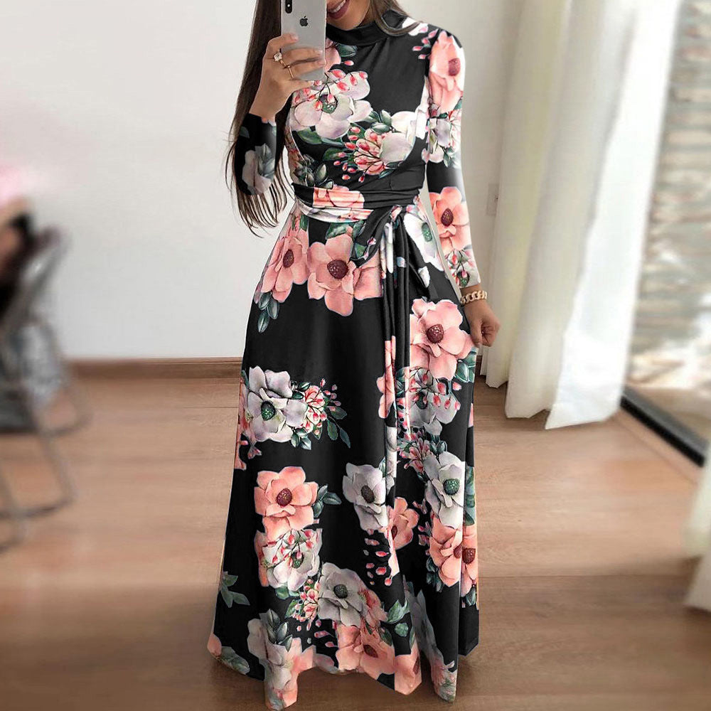Women's Autumn Flower Print Sleeve Large Swing Dress