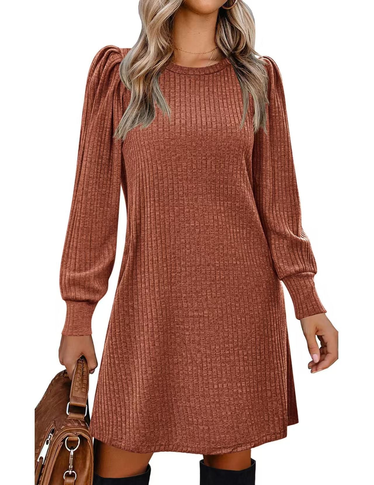 Women's Knitted Emerized Solid Color Round Neck Puff Dress