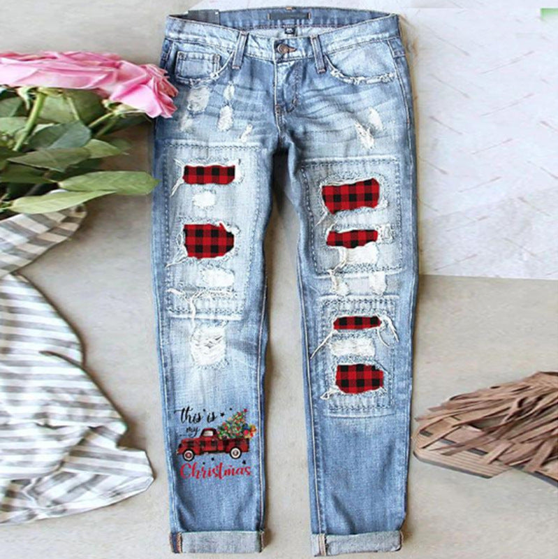 Leopard Ripped Printed Casual Loose Washed-out Jeans