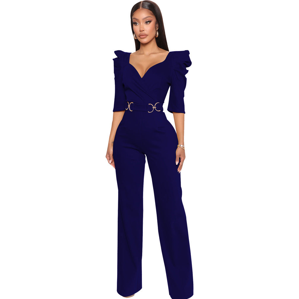 Women's Fashion Solid Color Three-quarter Length Sleeve Sexy Waist Jumpsuits