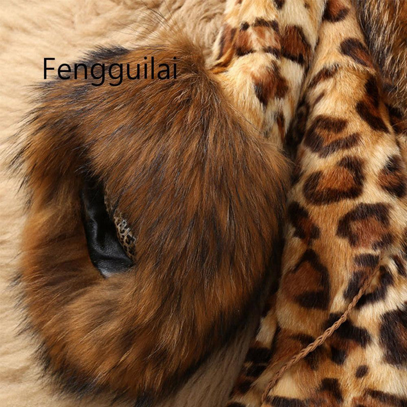 Women's Leopard Print Faux Raccoon Collar Artificial Coats