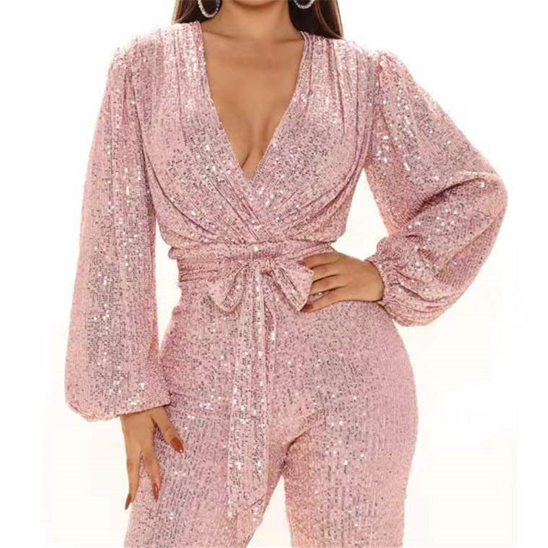 Women's Elegant Sequins One-piece Trousers Sexy Wide Jumpsuits