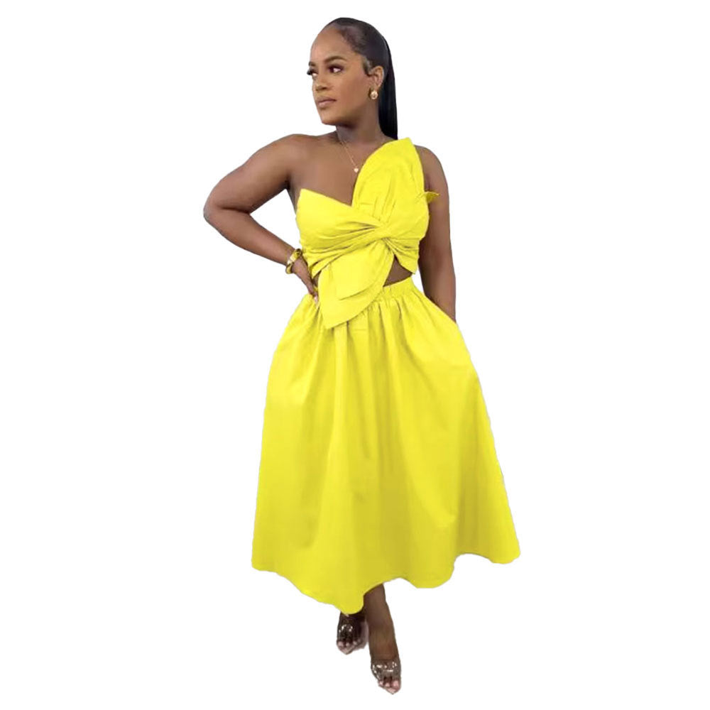 Solid Color Smocking One Shoulder Petal Dresses