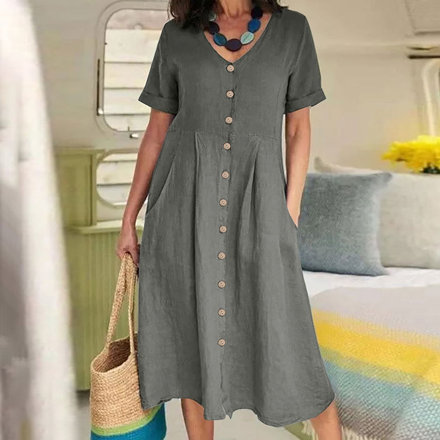 Solid Color Loose High Waist Cotton Dresses