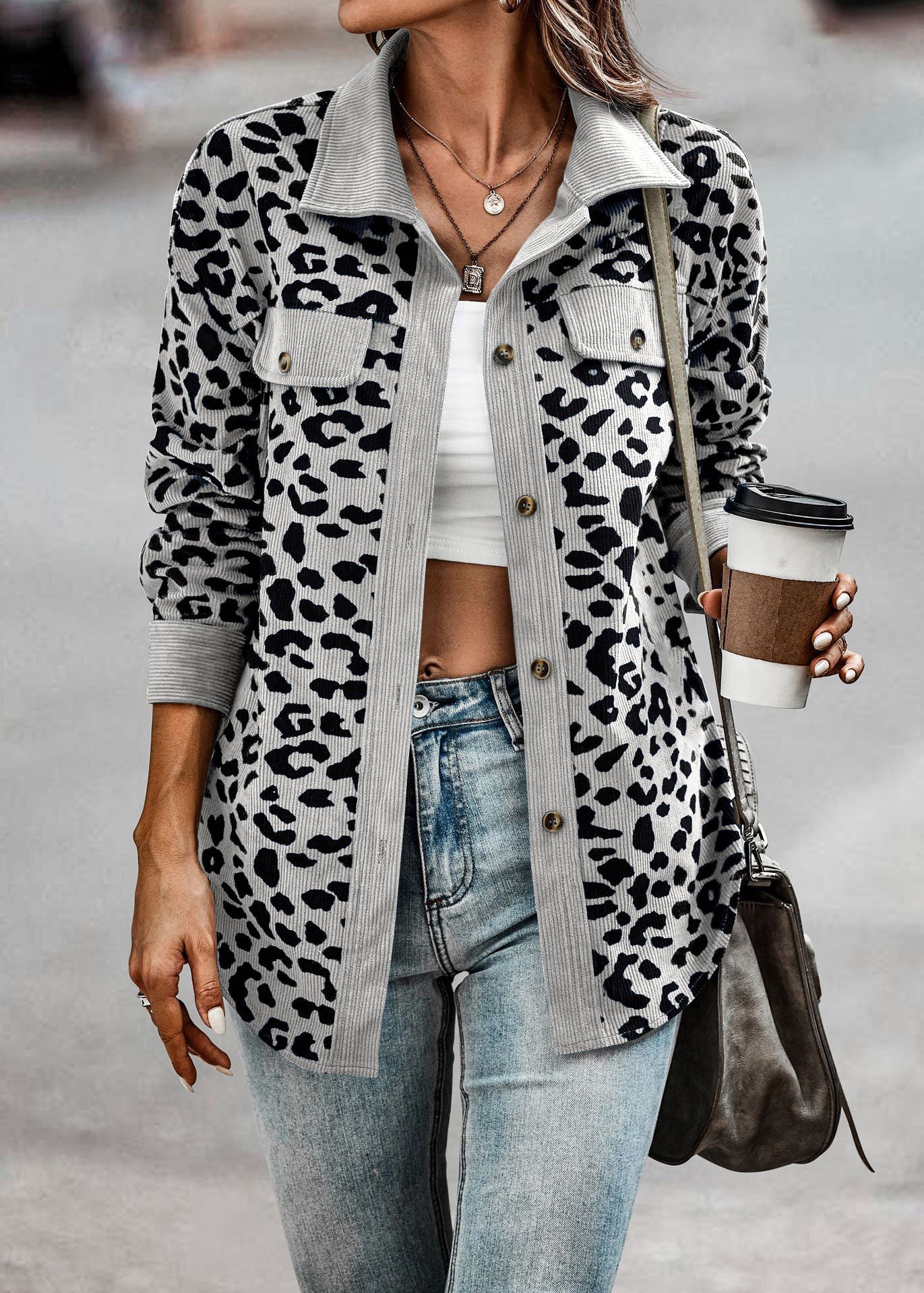 Women's Fashion Leopard Print Button Long Sleeve Coats