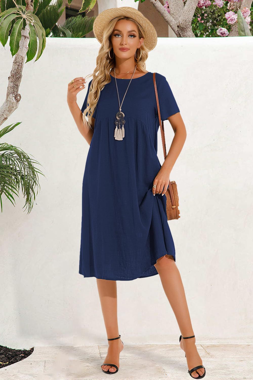 Neck Sleeve Large Casual Loose Long Solid Color Cotton Dresses