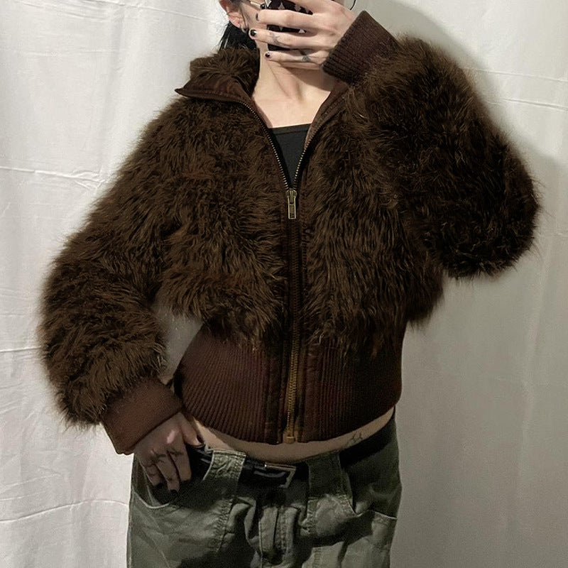 American Retro Brown Fur Lapel Zipper Jackets