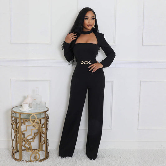 Women's Elegant Personalized Scarf Long Sleeve Wide Jumpsuits