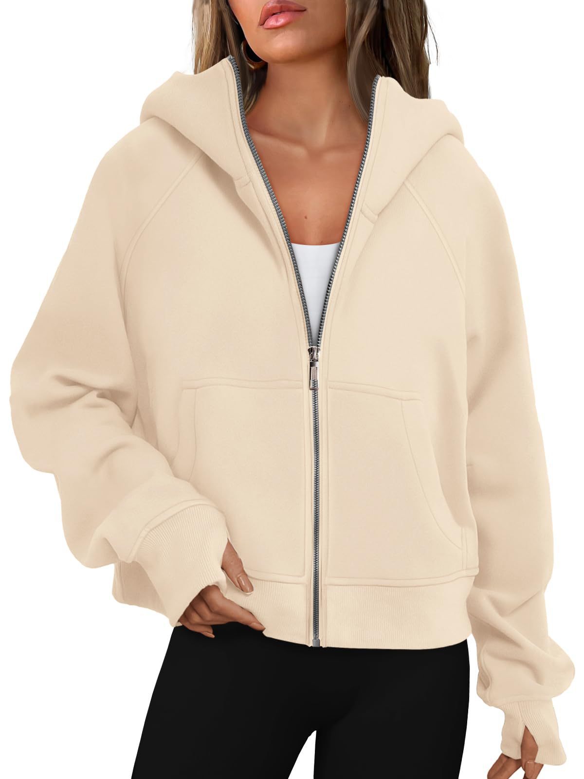 Women's Loose Zip Long Hooded Thumb Hole Brushed Women's Sweater, Sweater