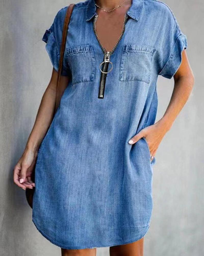 Charming Lapel Sleeve Loose Denim Shirt Dress