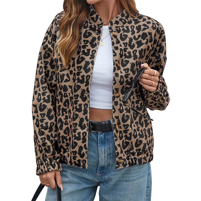 Women's Long Sleeve Brown Leopard Print Retro Jackets