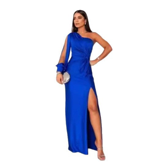 Women's Summer Diagonal Collar Raglan Sleeve Pleated Waist Tight Dresses