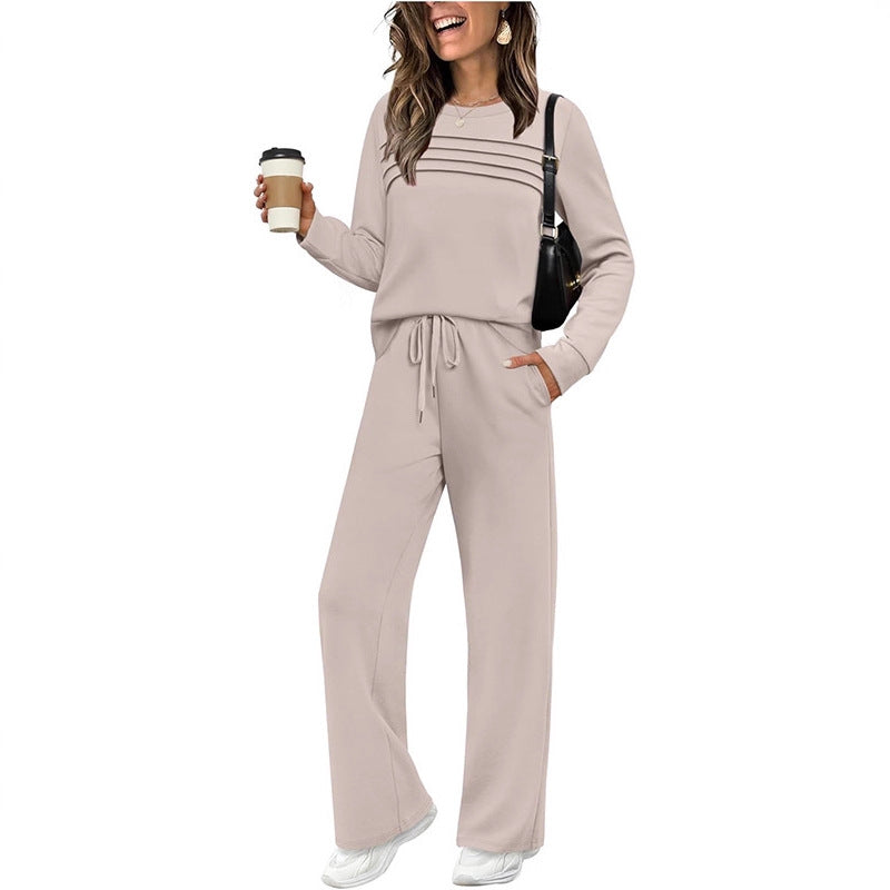 Women's Autumn Long Sleeve Round Neck Elastic Waist Trousers Fashion Casual Suit