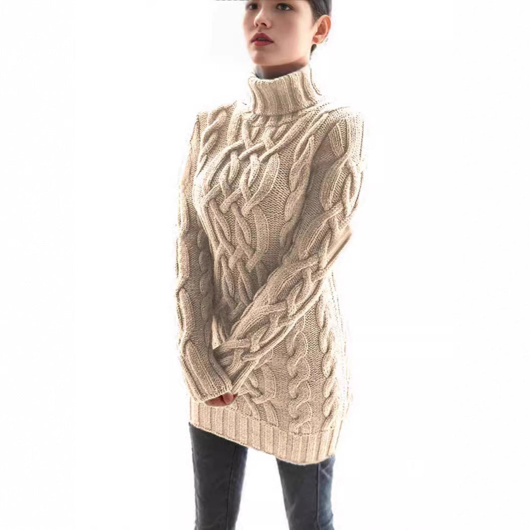 Long Sleeve Slim Knit Dress Solid Color High Neck Thickened Sweater